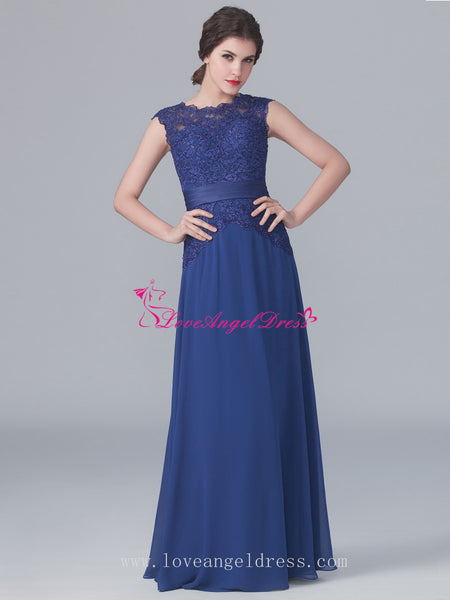 Crew Neck Lace Chiffon Blue Mother Wedding Party Dresses