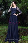 Beaded Lace Champagne Chiffon Evening Dresses with Sheer Long Sleeves