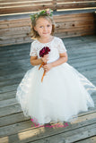 Puffy Tulle Lace Short Sleeves Flower Girls Wedding Party Dress
