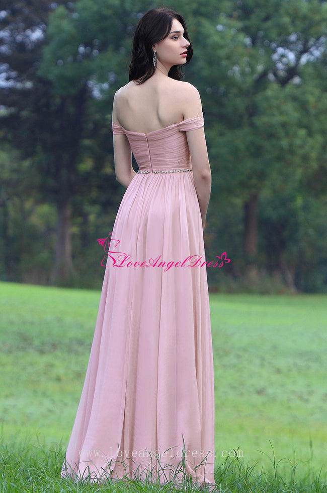 Off-the-shoulder Pink Chiffon Long Prom Dresses with Rhinestones Sash