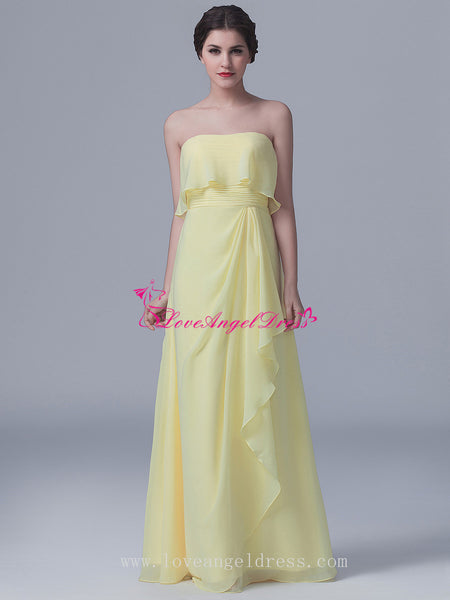 Floor Length Strapless Chiffon Yellow Bridesmaid Dresses