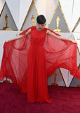 Sofia Carson Red Chiffon Prom Celebrity Dress with Jewelry Neck