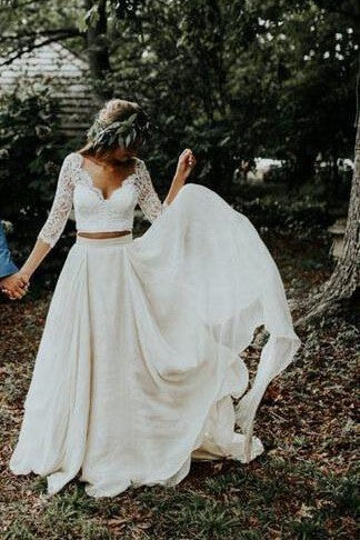 2-piece-boho-wedding-dress-with-lace-sleeves-chiffon-skirt