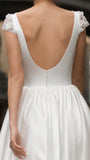 A-line Satin Short Wedding Dress with Beaded Cap Sleeves