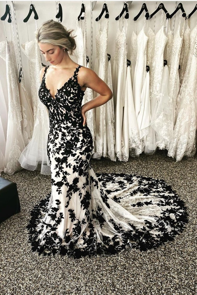 2022 Black Lace Wedding Dress with V-neckline – loveangeldress 2022 Black Lace Wedding Dress with V-neckline – loveangeldress