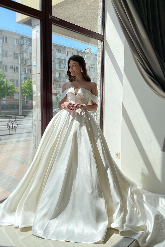 2022 Satin Wedding Dress with Off-the-shoulder Sleeves