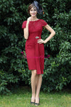 Sheer Lace Bateau Neck Chiffon Navy Blue Short Bride Mother Dress with Sleeves