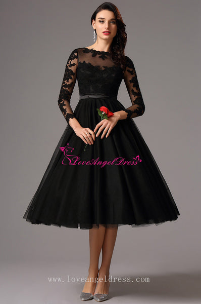 Sheer Boat Neck Lace Tulle Black Short Prom Dresses with Sleeves