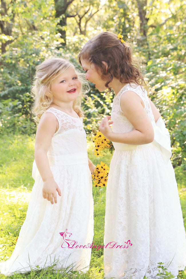 Jewel Neck Lace Ivory Flower Girl Dress with Bow Sash