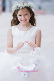 Sleeveless Satin Puffy Tulle Knee Length Flower Girls Dresses with Beaded Belt