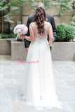 Illusion Boat Neck Appliques A-line Tulle Boho Wedding Dresses