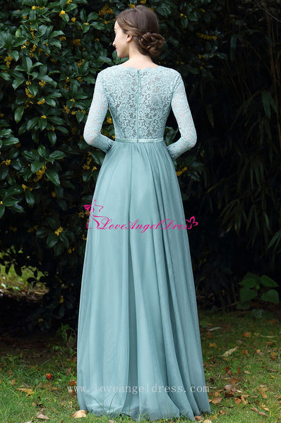 A-line Chiffon Lace Long Sleeves Evening Dresses with Plunging V-neckline