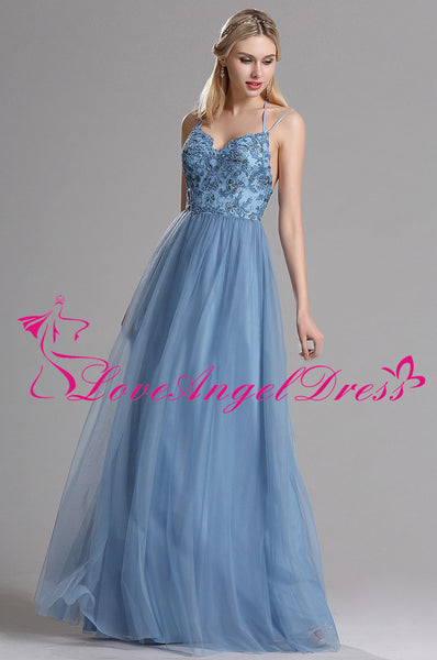 Spaghetti Straps A-line Tulle Blue Prom Long Dresses with Lace Bodice