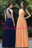 Orange Chiffon Floor Length Rhinestones Prom Dresses with Hollow Back