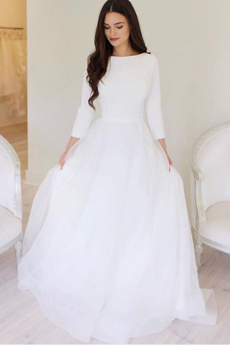 Bateau Neck Satin Wedding Gowns with 3/4 Sleeves