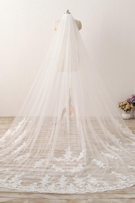 Floral Lace Long Bridal Veil with Appliques Train