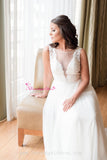 Illusion Boat Neck Appliques A-line Tulle Boho Wedding Dresses