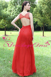 Round Neck Red Long Chiffon Rhinestones Prom Dresses