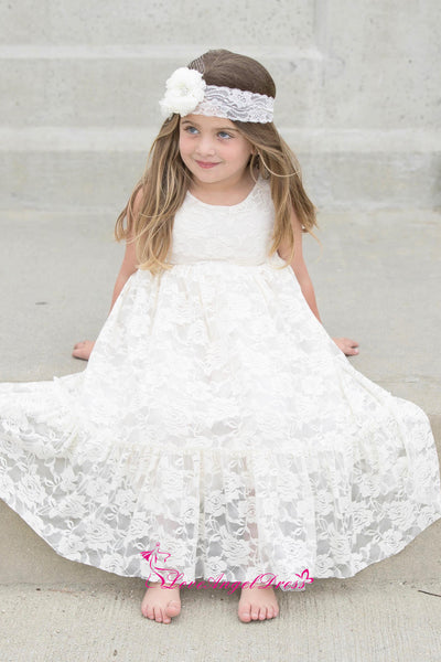 Scoop Neck Ankle Length Ivory Lace Baby Girl Dresses with Flower Belt