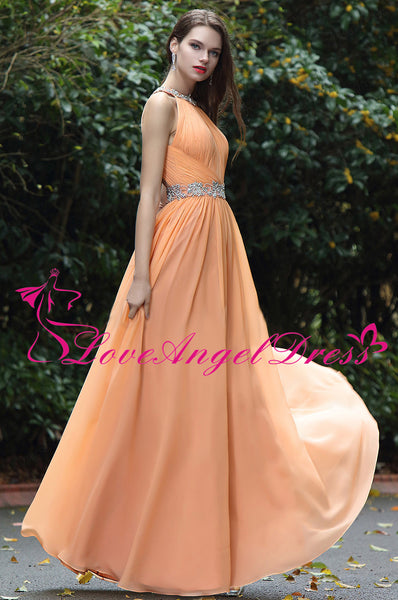Orange Chiffon Floor Length Rhinestones Prom Dresses with Hollow Back