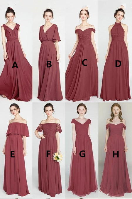 Chiffon Burgundy Hi-lo Bridesmaid Dresses with Deep V-neckline