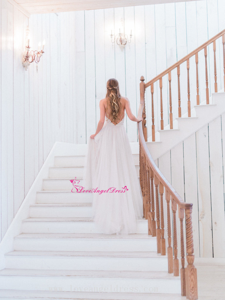 Halter Ivory A Line Ruffled Long Boho Wedding Dress with Slit