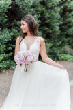 Illusion Boat Neck Appliques A-line Tulle Boho Wedding Dresses