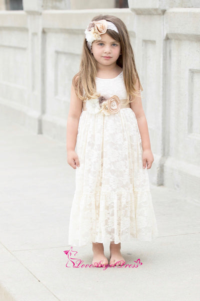 Scoop Neck Ankle Length Ivory Lace Baby Girl Dresses with Flower Belt