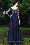 Beaded Lace Champagne Chiffon Evening Dresses with Sheer Long Sleeves