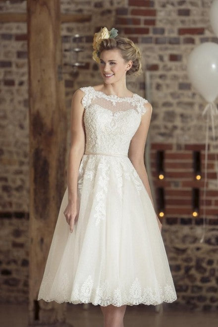 A-line Satin Short Wedding Dress with Beaded Cap Sleeves