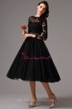 Sheer Boat Neck Lace Tulle Black Short Prom Dresses with Sleeves