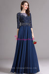 A-line Blue Chiffon Dazzling Beaded Mother Wedding Guest Dresses with Sleeves