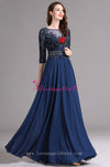 A-line Blue Chiffon Dazzling Beaded Mother Wedding Guest Dresses with Sleeves