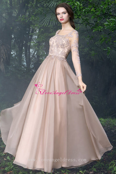 Beaded Lace Champagne Chiffon Evening Dresses with Sheer Long Sleeves