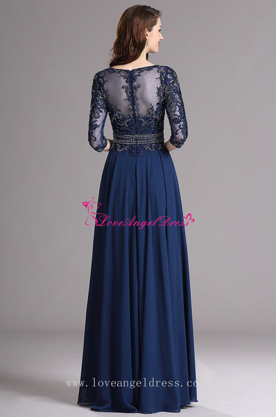 A-line Blue Chiffon Dazzling Beaded Mother Wedding Guest Dresses with Sleeves