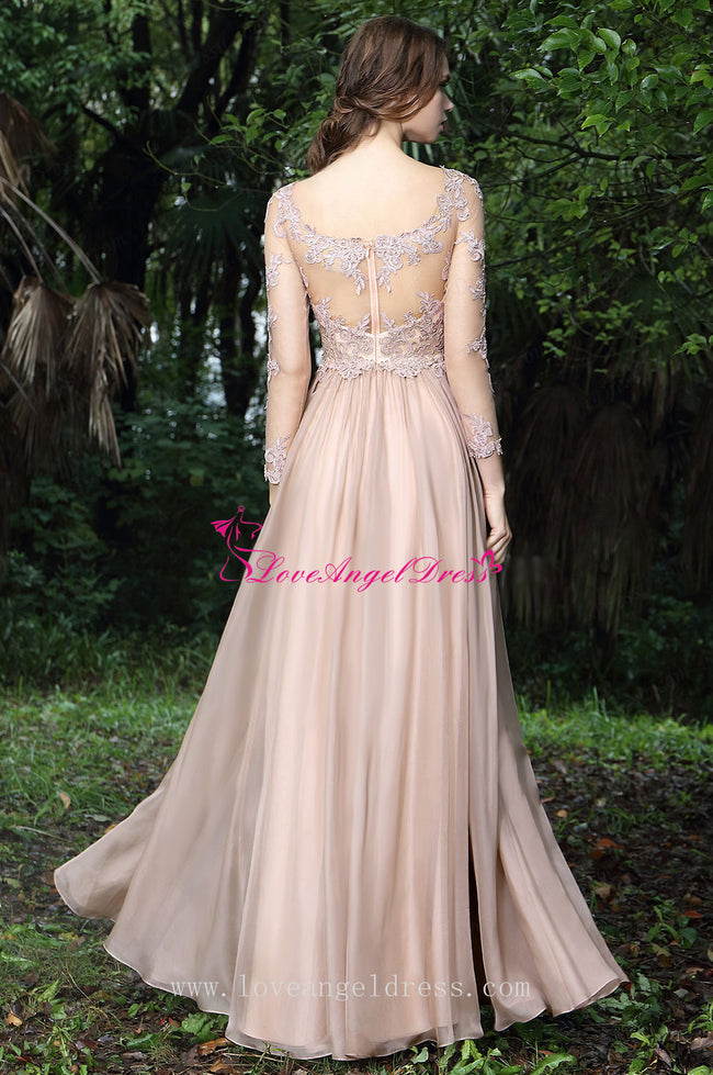 Beaded Lace Champagne Chiffon Evening Dresses with Sheer Long Sleeves