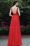 A-line Floor Length V-neck Red Chiffon Long Prom Gowns