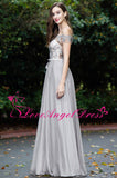 Off-the-shoulder Lace and Chiffon Gray Prom Dresses