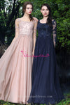 Beaded Lace Champagne Chiffon Evening Dresses with Sheer Long Sleeves