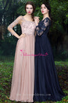 Beaded Lace Champagne Chiffon Evening Dresses with Sheer Long Sleeves