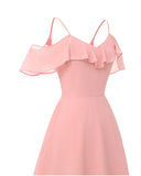 Flounced Long Pink Bridesmaid Dresses with Spaghetti Straps