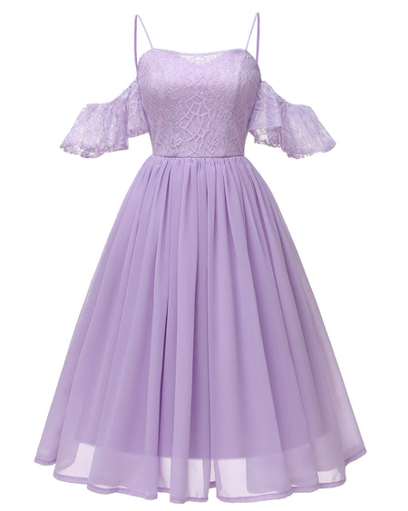 Sheer Lace Bodice Blue Bridesmaid Gown Tea-Length