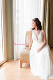 Illusion Boat Neck Appliques A-line Tulle Boho Wedding Dresses