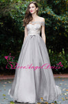 Off-the-shoulder Lace and Chiffon Gray Prom Dresses
