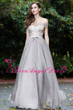 Off-the-shoulder Lace and Chiffon Gray Prom Dresses