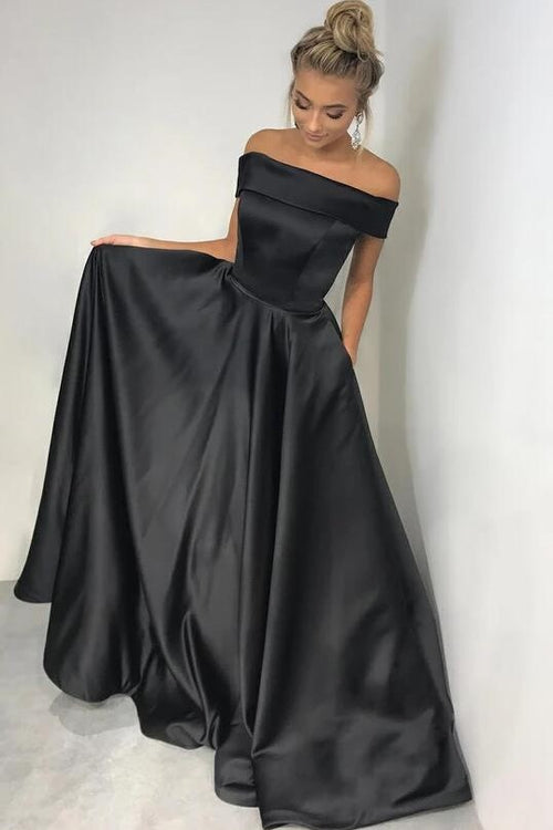 off-the-shoulder-black-satin-prom-dresses-with-pockets