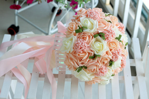 Artificial Roses Pink Wedding Bridal Bouquet Holding Flowers