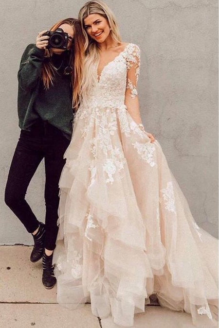 Three Quarter Sleeves Wedding Dresses with Lace Bodice