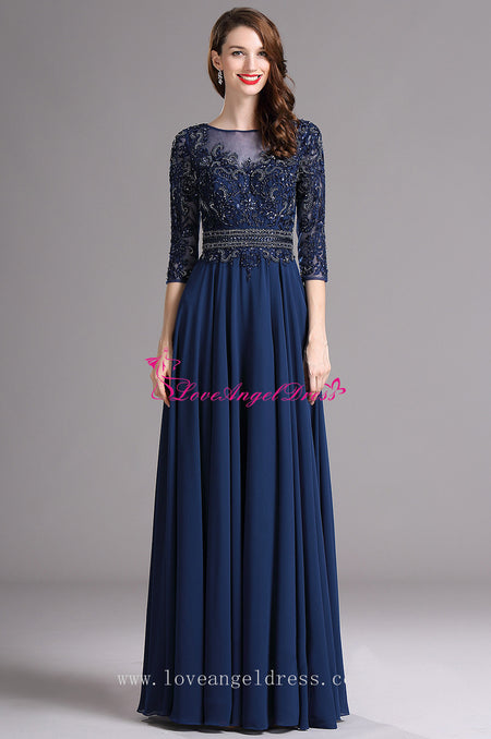 Floor Length Chiffon Gray Mother's  Formal Dress with Lace Sleeves