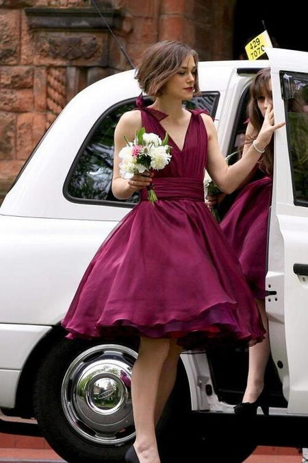 Sweetheart Chiffon Purple Bridesmaid Gown Backless Short Party Dress